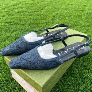 Gucci Blue Crystal Denim Slingback Flats 7.5